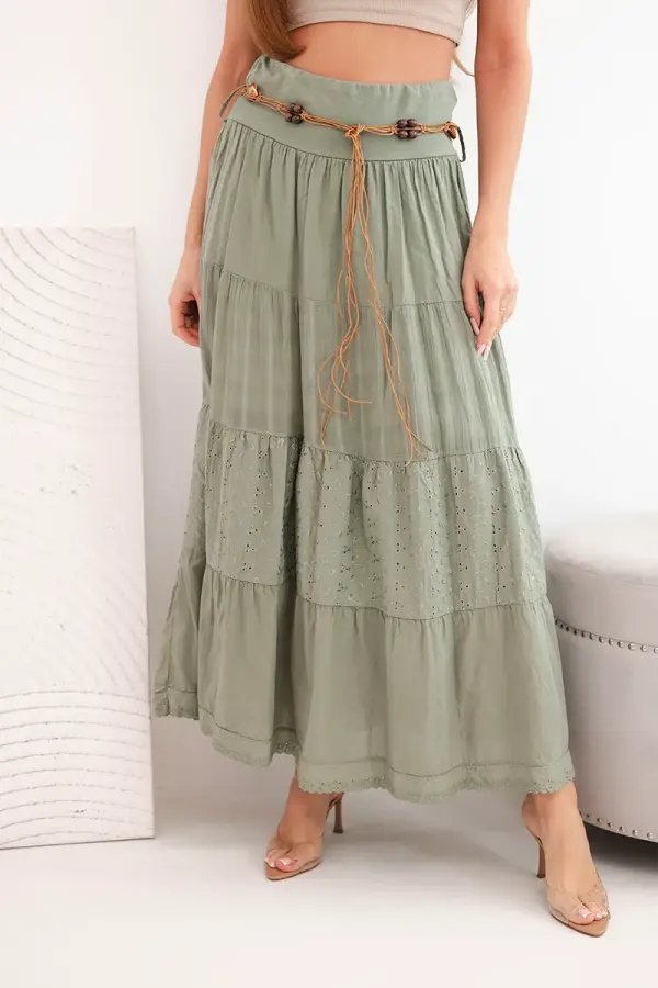 Kesi Włoski Žensko maksi bombažno krilo z vezenjem, kaki