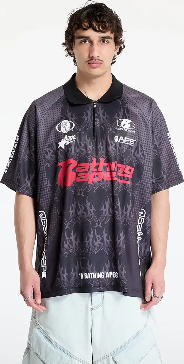 A BATHING APE Majice A BATHING APE Flame Pattern Overall Print Half Zip Relax Fit Polo Shirt UNISEX Black S