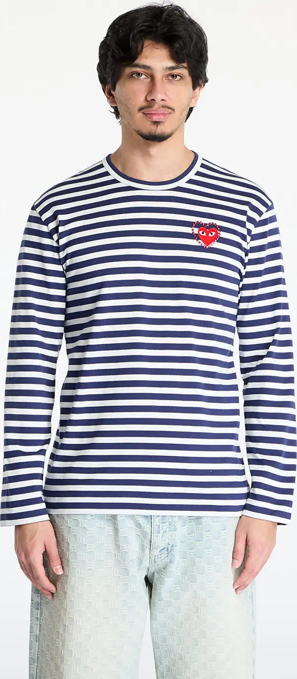 Comme des Garçons PLAY Majice Comme des Garçons PLAY Stripe Emblem x Metalstone Long Sleeve Tee UNISEX Navy/ White XL