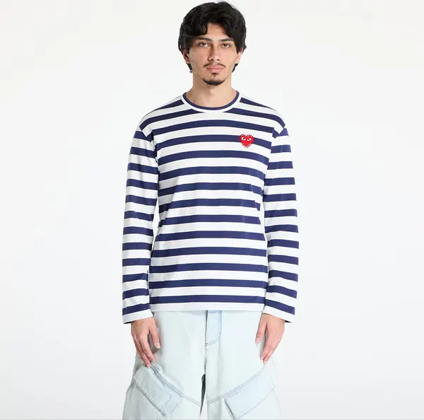 Comme des Garçons PLAY Majice Comme des Garçons PLAY Stripe Emblem x Rhinestone Long Sleeve Tee UNISEX Navy/ White XS