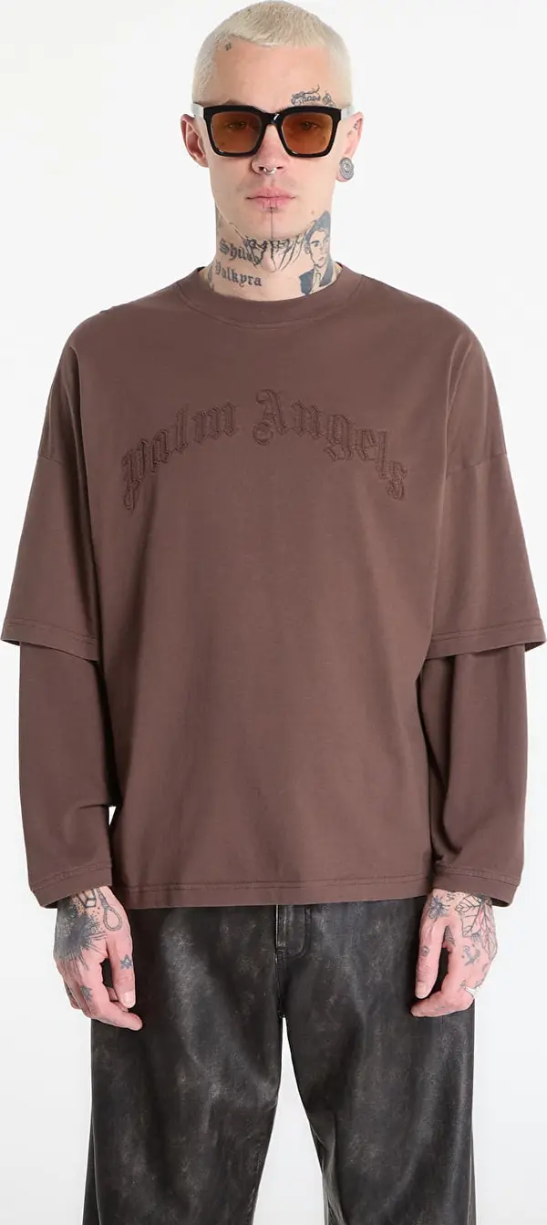 Palm Angels Majice Palm Angels Curved Logo Double Tee L/S UNISEX Brown/ Brown XL