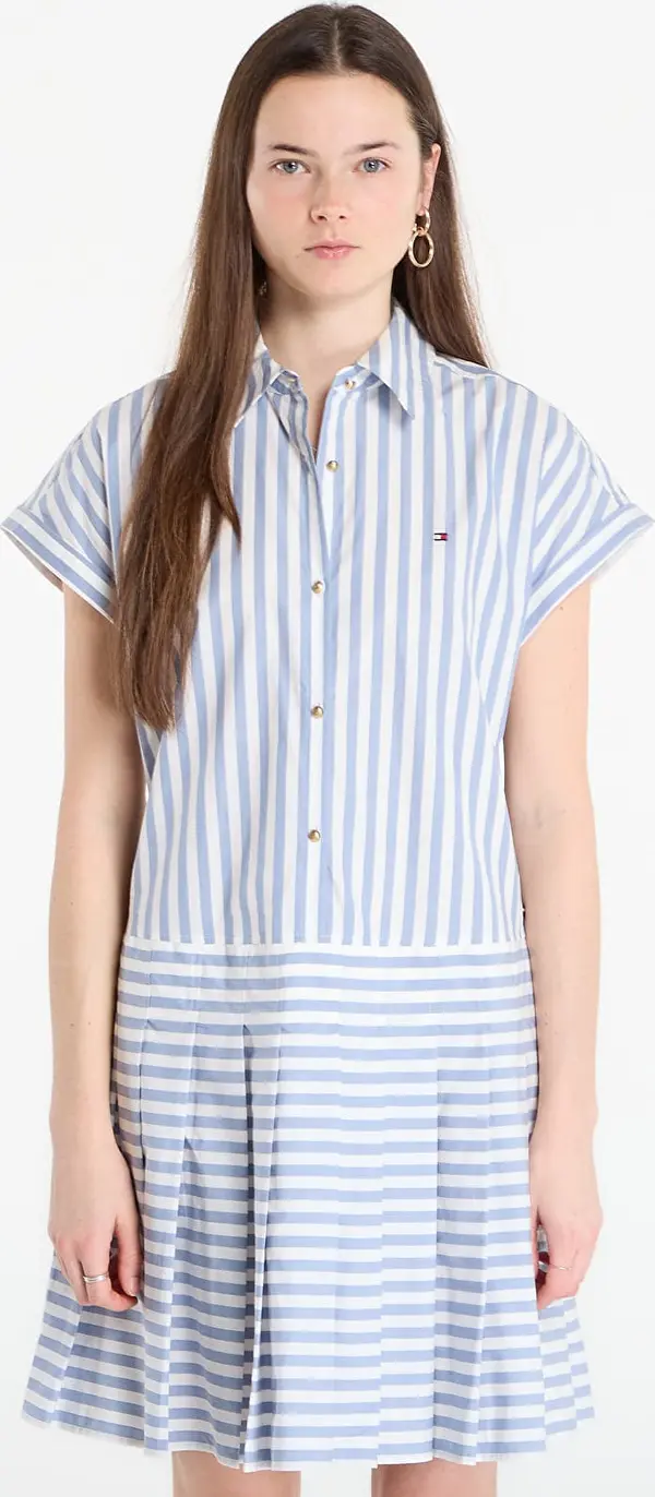 Tommy Hilfiger Obleka Tommy Hilfiger Poplin Pleated Short Ss Dress White Banker Stp Ecru Brisk Blue L
