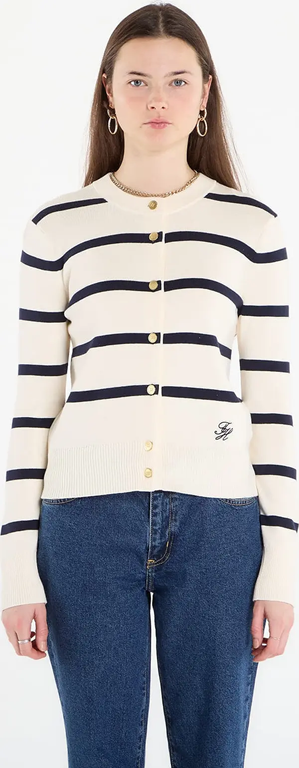 Tommy Hilfiger Pulover Tommy Hilfiger Co Full Needle Crewneck Cardigan Big Stp Calico/ Dark Navy S