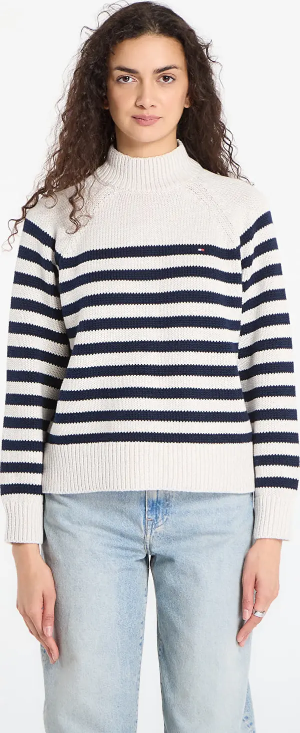 Tommy Hilfiger Pulover Tommy Hilfiger Cotton Blend Mock-Neckk Ls Sweater Htr Oatmilk/ Dark Navy Eng Stp XS