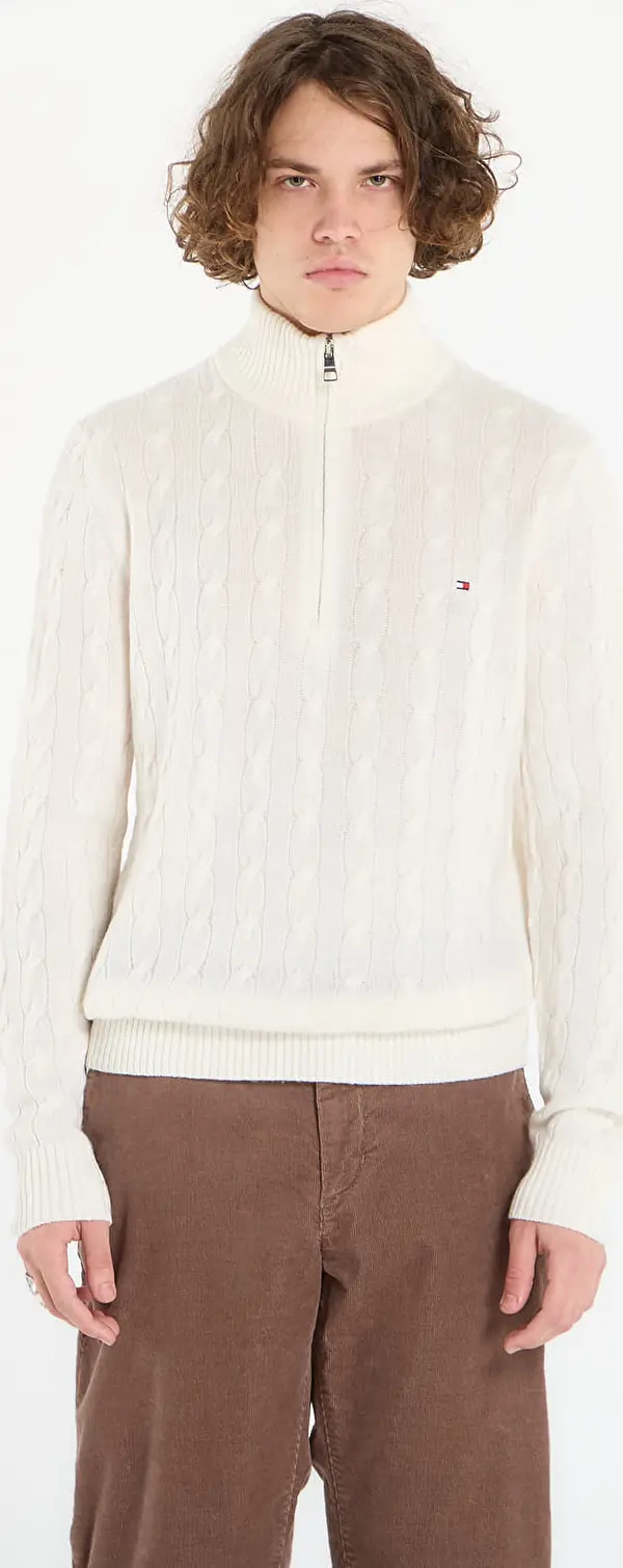Tommy Hilfiger Pulover Tommy Hilfiger Lambswool Blend Cable Zip Mock Ivory Petal M