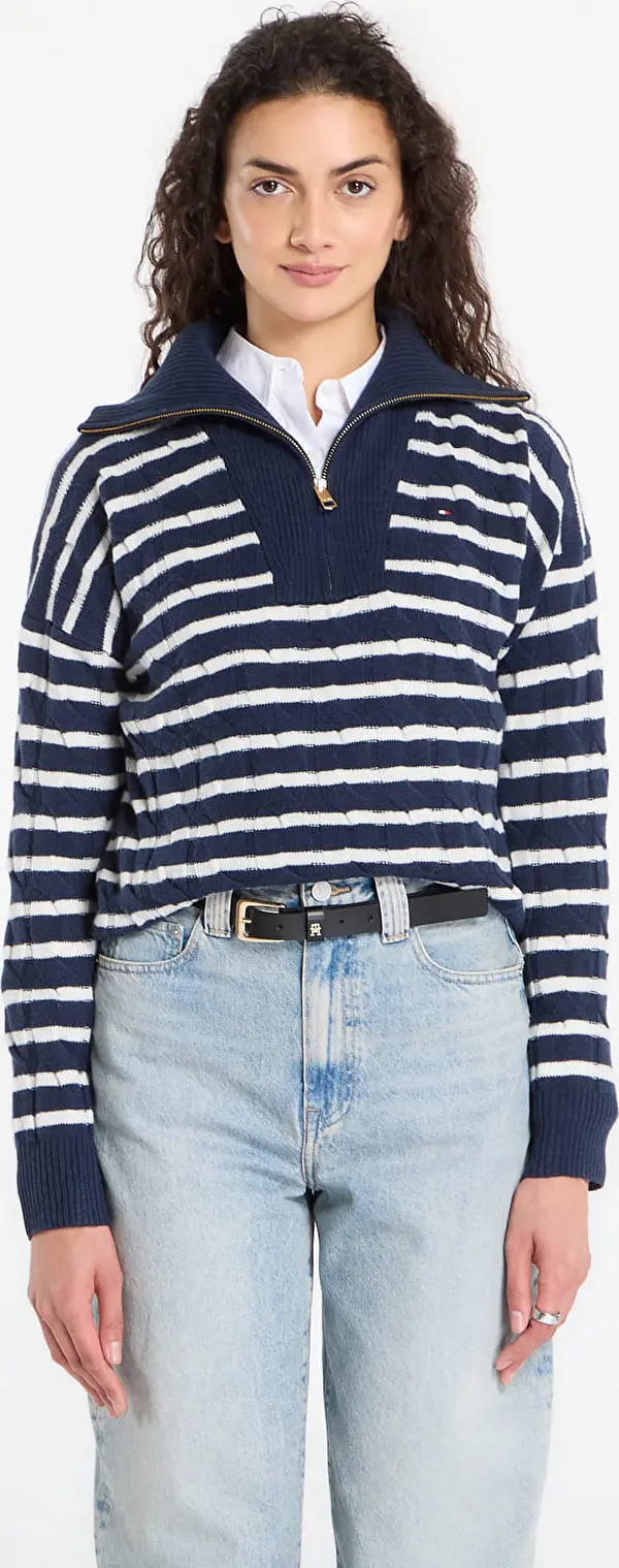 Tommy Hilfiger Pulover Tommy Hilfiger Soft Wool Cable 1/2 Zip Ls Sweater Dark Night Navy/ Ivory Petal Stp XS