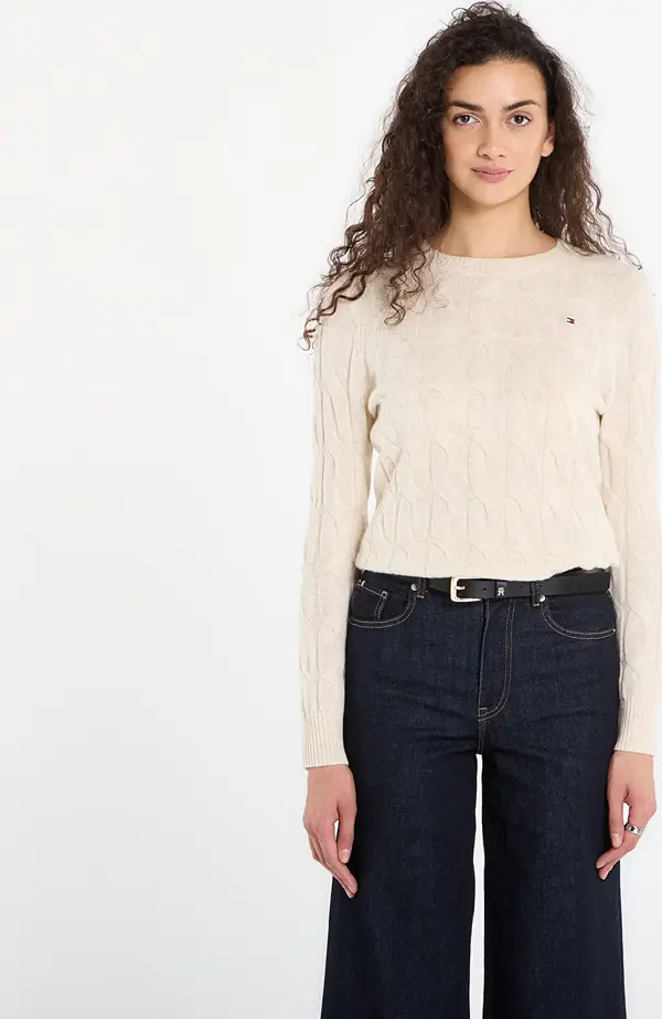 Tommy Hilfiger Pulover Tommy Hilfiger Soft Wool Cable C-Neckk Ls Sweater Heather Oatmilk XS