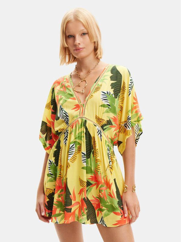 Desigual Desigual Obleka za na plažo Tropical Party 24SWMW23 Rumena Loose Fit