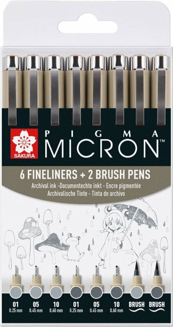 Sakura Sakura Pigma Micron Fineliner Tehnična pisala Grey 8 kos.