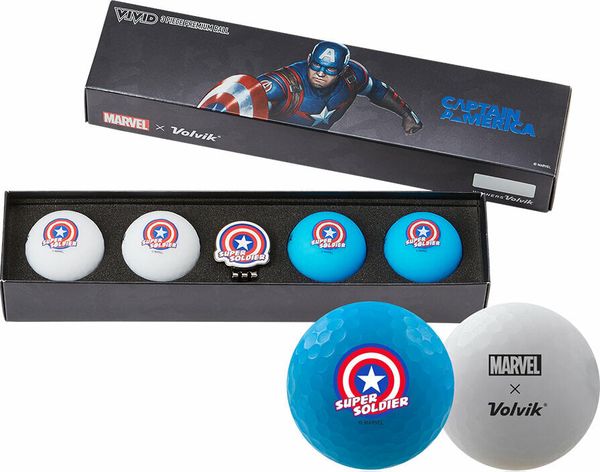 Volvik Volvik Vivid Marvel 2.0 4 Pack Golf Balls Captain America Plus Ball Marker White/Blue