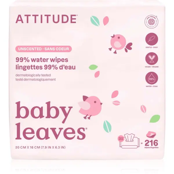 Attitude Attitude Baby Leaves Water Wipes vlažni robčki brez dodanih dišav 3x72 kos