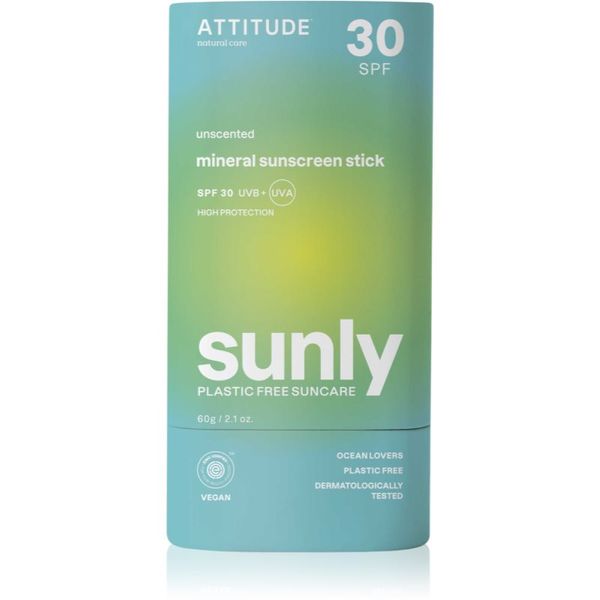Attitude Attitude Sunly Sunscreen Stick mineralna krema za sončenje v paličici SPF 30 Unscented 60 g