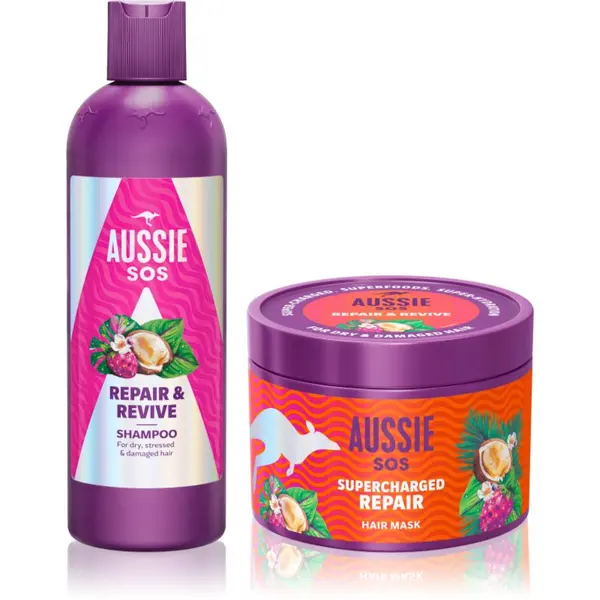 Aussie Aussie SOS Repair, Revive & Repeat darilni set za obremenjene lase in lasišče