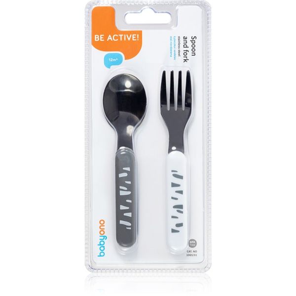 BabyOno BabyOno Be Active Stainless Steel Spoon and Fork pribor Grey-White 12 m+ 2 kos