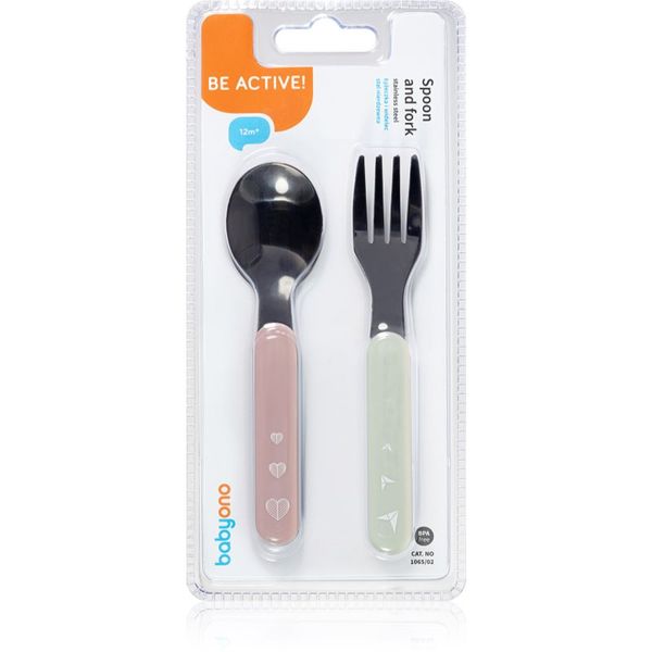 BabyOno BabyOno Be Active Stainless Steel Spoon and Fork pribor Pastel 12 m+ 2 kos