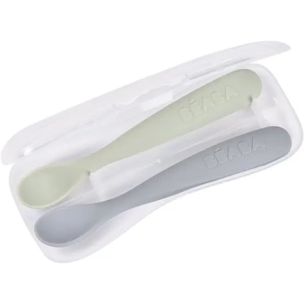 Beaba Beaba Set of 2 Ergonomic Spoons žlička z etuijem Pebble Green 4m+ 2 kos