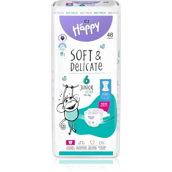 BELLA BELLA Baby Happy Soft&Delicate plenice za enkratno uporabo s kanalčki Junior Extra 15+ kg 48 kos