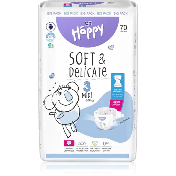 BELLA BELLA Baby Happy Soft&Delicate plenice za enkratno uporabo s kanalčki Midi 5-9 kg 70 kos