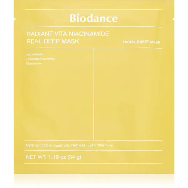 Biodance Biodance Radiant Vita Niacinamide Real Deep Mask posvetlitvena maska za obraz za poenotenje tona kože 1 kos