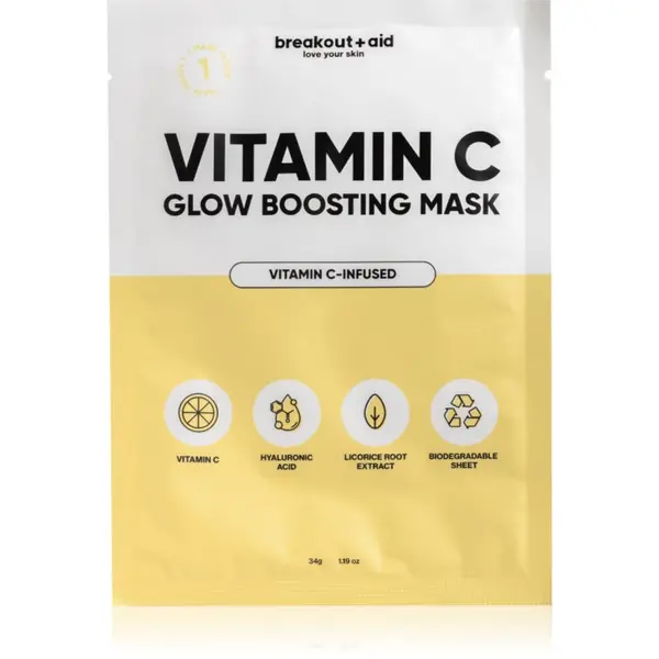 breakout + aid breakout + aid Vitamin C Glow Boosting Mask maska iz platna z vitaminom C 34 g