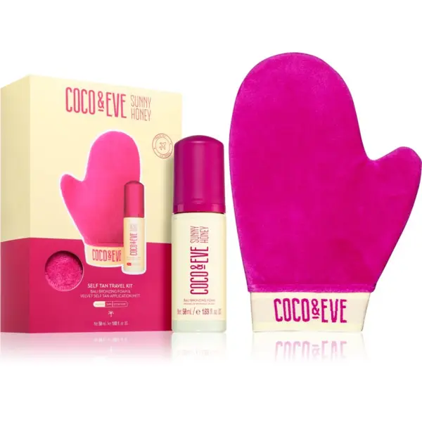 Coco & Eve Coco & Eve Sunny Honey Ultimate Glow Travel Kit samoporjavitvena pena z aplikacijsko rokavico potovalno pakiranje Medium 60 ml