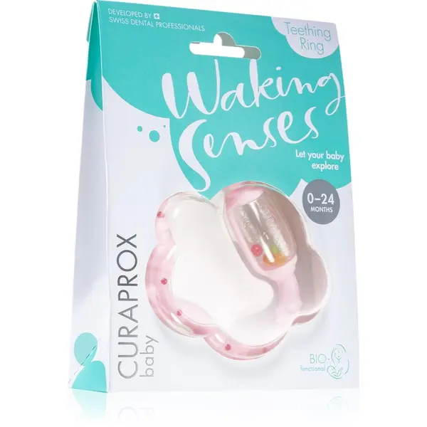 Curaprox Curaprox Baby Waking Senses obroč za grizenje z masažno krtačko in ropotuljo 1 kos