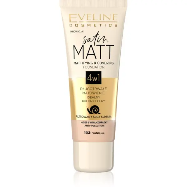 Eveline Cosmetics Eveline Cosmetics Satin Matt matirajoči tekoči puder s polžjim ekstraktom odtenek 102 Vanilla 30 ml