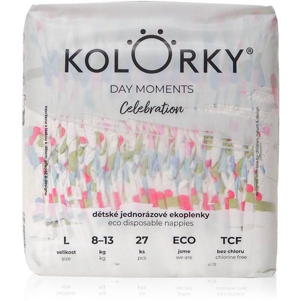 Kolorky Kolorky DAY Moments Celebration ekološke plenice za enkratno uporabo Size L 8-13 kg 27 kos