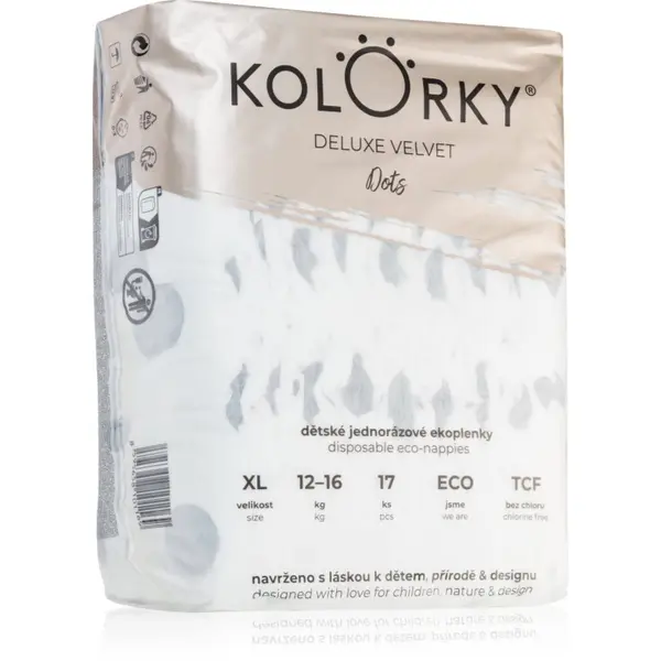 Kolorky Kolorky Deluxe Velvet Dots ekološke plenice za enkratno uporabo velikost XL 12-16 kg 17 kos