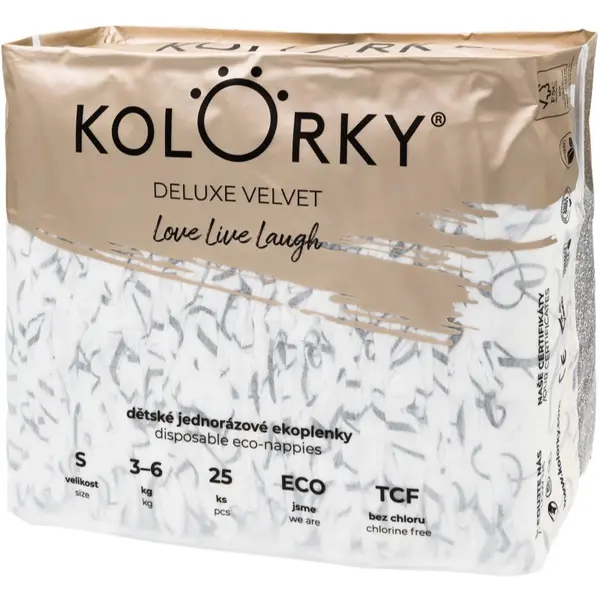 Kolorky Kolorky Deluxe Velvet Love Live Laugh ekološke plenice za enkratno uporabo velikost S 3-6 Kg 25 kos