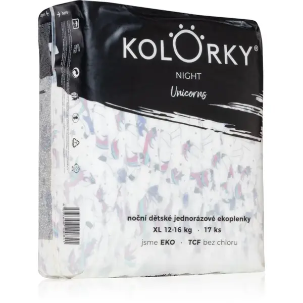 Kolorky Kolorky Night Unicorn ekološke plenice za enkratno uporabo za popolno zaščito ponoči velikost XL 12-16 Kg 17 kos