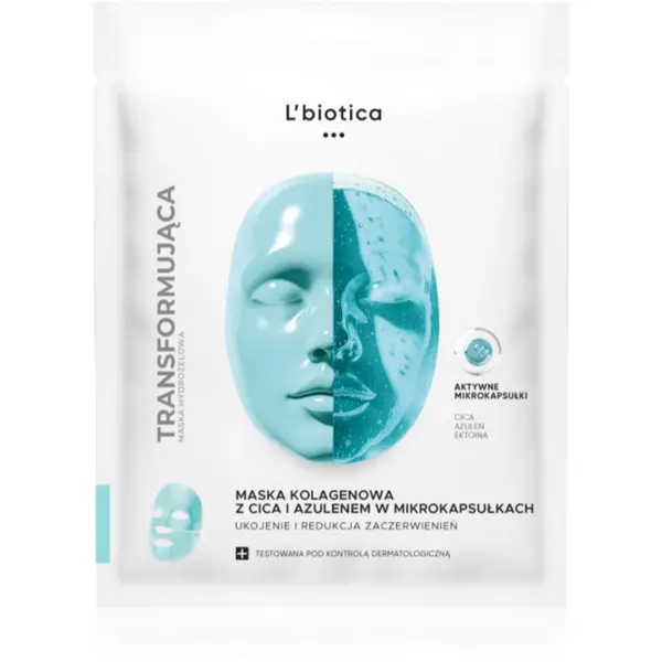 L’biotica L’biotica Transforming Collagen Mask with CICA and Azulene in Microcapsules kolagenska maska proti rdečici na obrazu 1 kos