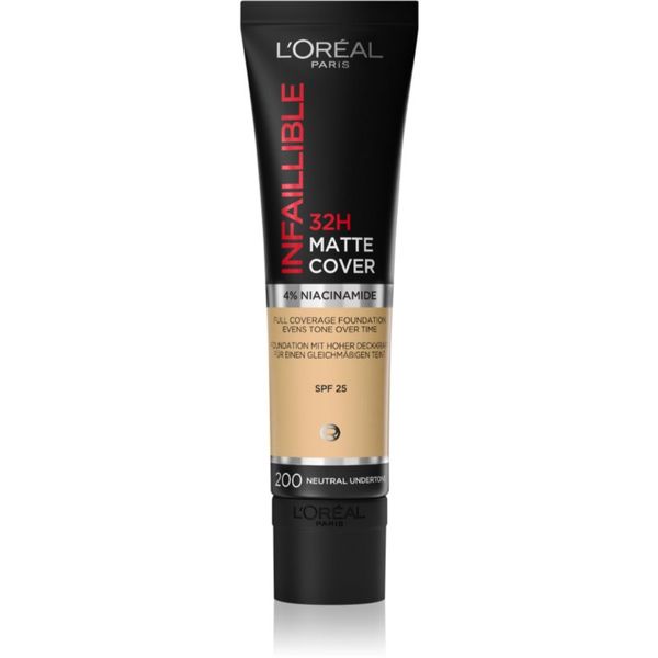 L’Oréal Paris L’Oréal Paris Infallible 32H Matte Cover dolgoobstojni matirajoči tekoči puder SPF 25 odtenek 200 (Neutral Undertone) 30 ml