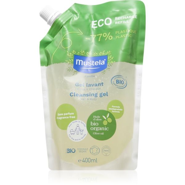 Mustela Mustela BIO gel za umivanje za telo in lase za otroke od rojstva nadomestno polnilo 400 ml