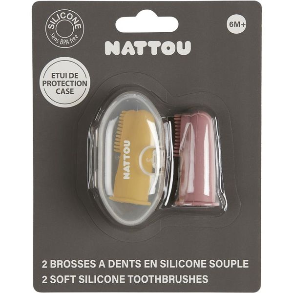 NATTOU NATTOU Baby Toothbrush otroška zobna ščetka za na prst z etuijem Yellow / Pink 2 kos