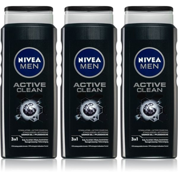Nivea NIVEA MEN Active Clean gel za prhanje za moške ugodno pakiranje 3 x 500 ml
