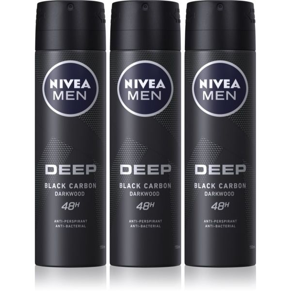 Nivea NIVEA MEN Deep Black Carbon Darkwood antiperspirant v pršilu ugodno pakiranje za moške 3 x 150 ml