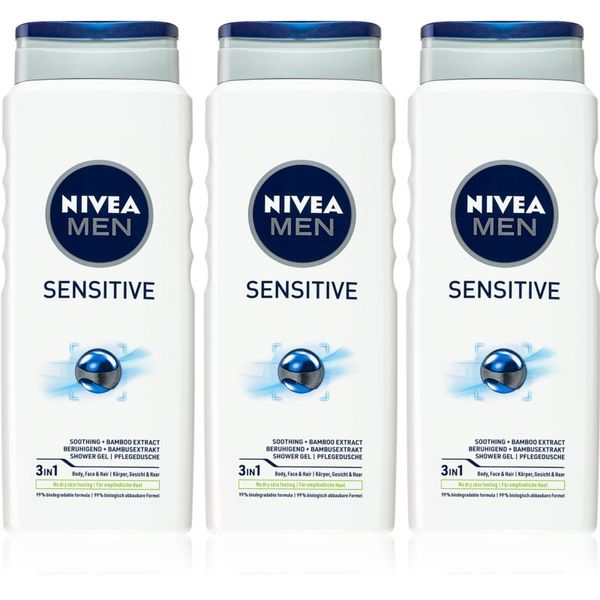 Nivea NIVEA MEN Sensitive gel za prhanje za moške 3 x 500 ml(ugodno pakiranje)