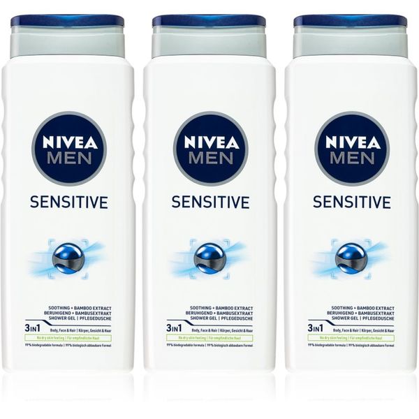 Nivea NIVEA MEN Sensitive gel za prhanje za moške ugodno pakiranje 3 x 500 ml