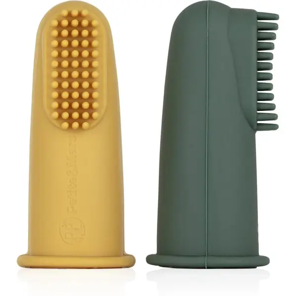 Petite&Mars Petite&Mars Take&Match 0m+ otroška zobna ščetka za na prst z etuijem Ochre&Green 2 kos