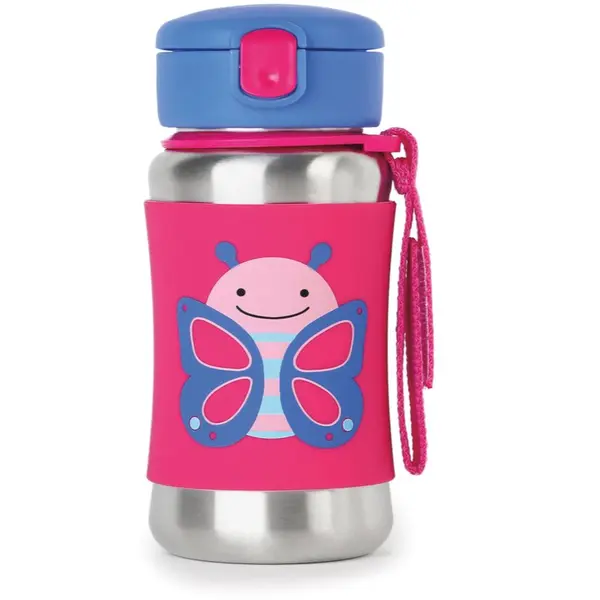 Skip Hop Skip Hop Zoo Straw Bottle steklenica za vodo iz nerjavnega jekla s slamico Butterfly 12 m+ 1 kos