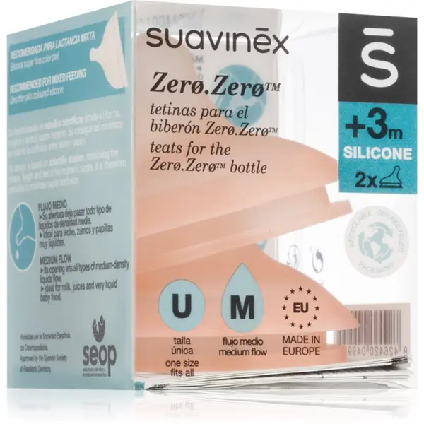 Suavinex Suavinex Zero Zero Bottle Teat cucelj za stekleničko M Medium Flow 3 m+ 2 kos