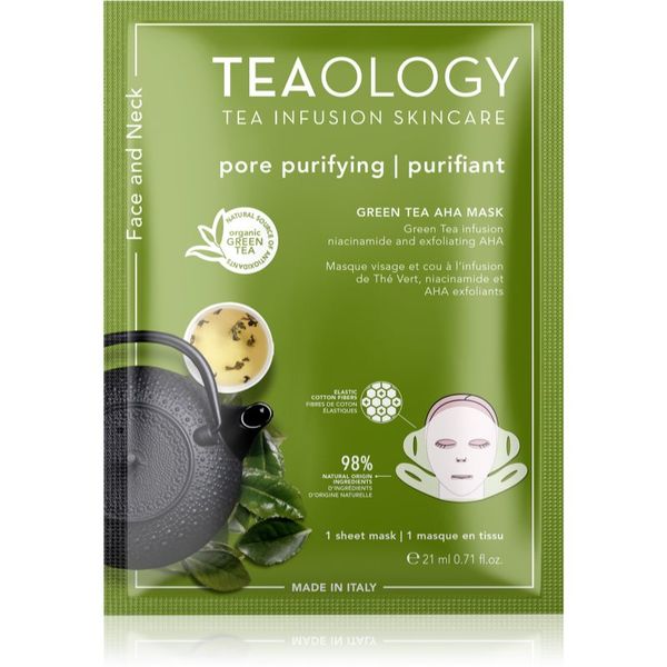 Teaology Teaology Face Mask Green Tea AHA maska iz platna s čistilnim in osvežilnim učinkom za obraz in vrat 21 ml