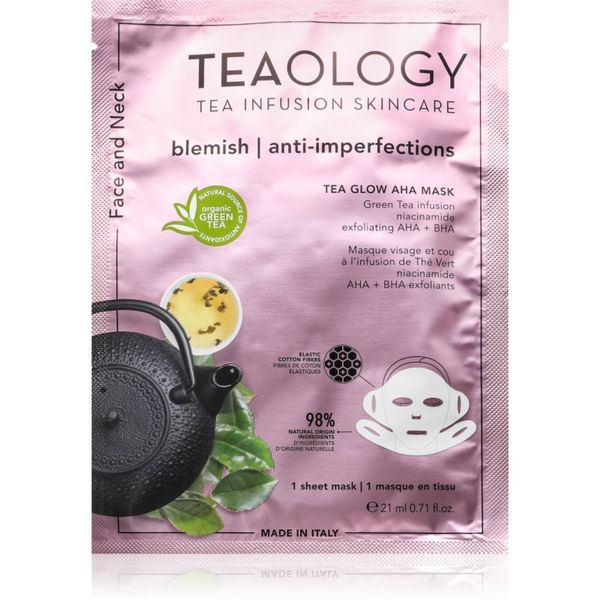 Teaology Teaology Tea Glow Blemish AHA Purifying Mask maska iz platna s čistilnim in osvežilnim učinkom za vrat in dekolte 21 ml