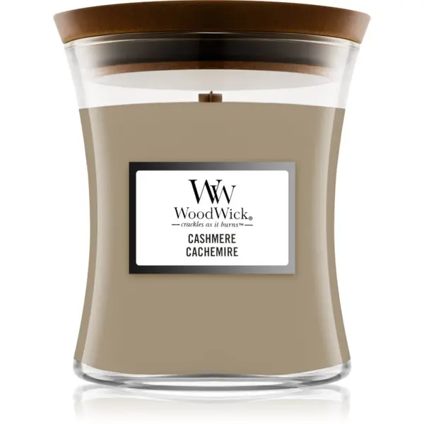 Woodwick Woodwick Cashmere dišeča sveča z lesenim stenjem 275 g
