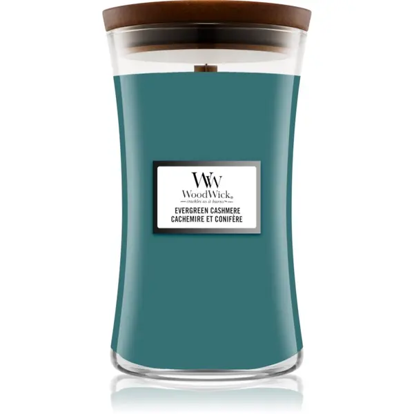 Woodwick Woodwick Evergreen Cashmere dišeča sveča z lesenim stenjem 610 g