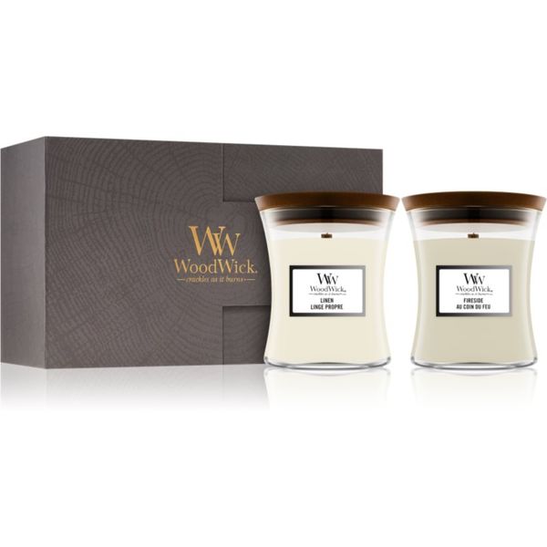 Woodwick Woodwick Fireside & Linen darilni set (gift box) z lesenim stenjem