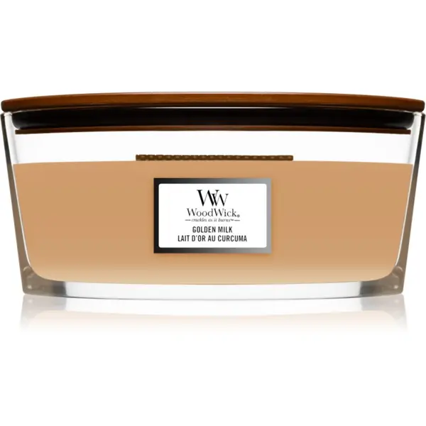 Woodwick Woodwick Golden Milk dišeča sveča z lesenim stenjem (hearthwick) 453.6 g
