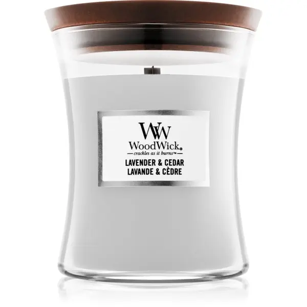 Woodwick Woodwick Lavender & Cedar dišeča sveča z lesenim stenjem 275 g