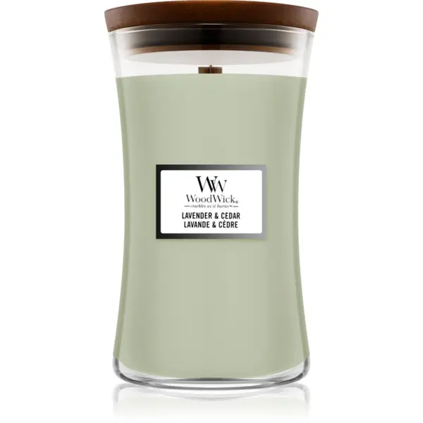Woodwick Woodwick Lavender & Cedar dišeča sveča z lesenim stenjem 610 g